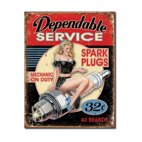 Dependable Service Spark Plugs, Mechanic on Duty. Metal Sign 32cm x 41cm