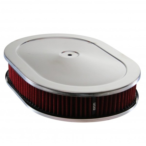 [40875] Oval Chrome Steel Air Cleaner 12" x 2" Holley Edelbrock Quadrajet Red Element