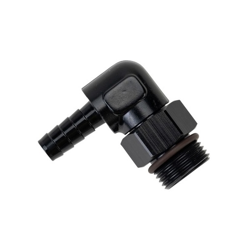 [59406] Aluminum Cooler/Adapter Fitting 90° 7/8-14 UNF x 3/8" Barb Derale