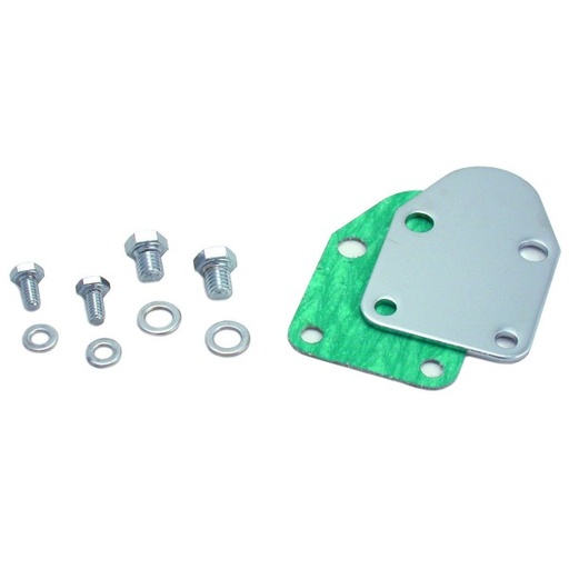 [66-210] Fuel Pump Block Off Chrome Small Block Chevrolet with Bolts + Gasket