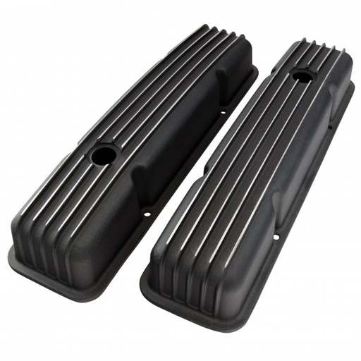 [66-482] Valve Covers Black Chevrolet V8 Small Block 283-400 Finned Alloy Low Baffled-pr