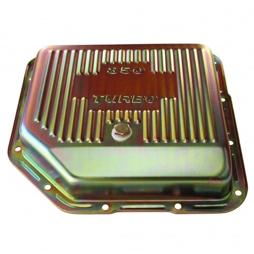 [68-552] Transmission Pan GM Turbo 350 Finned Zinc 2" Standard OEM Depth with drain plug