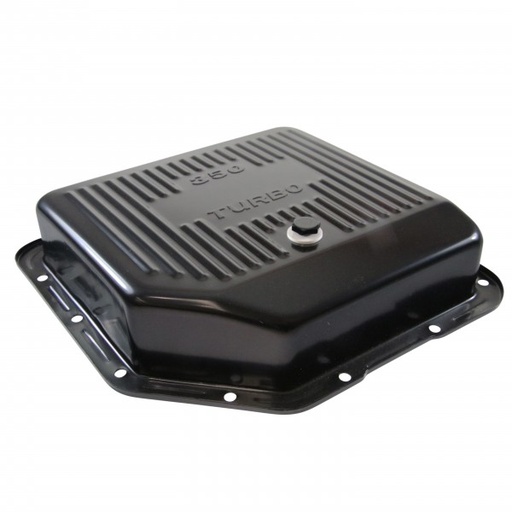 [68-569] Transmission Pan GM Turbo 350 3-1/2" Deep Black Steel Finned with Drain Plug